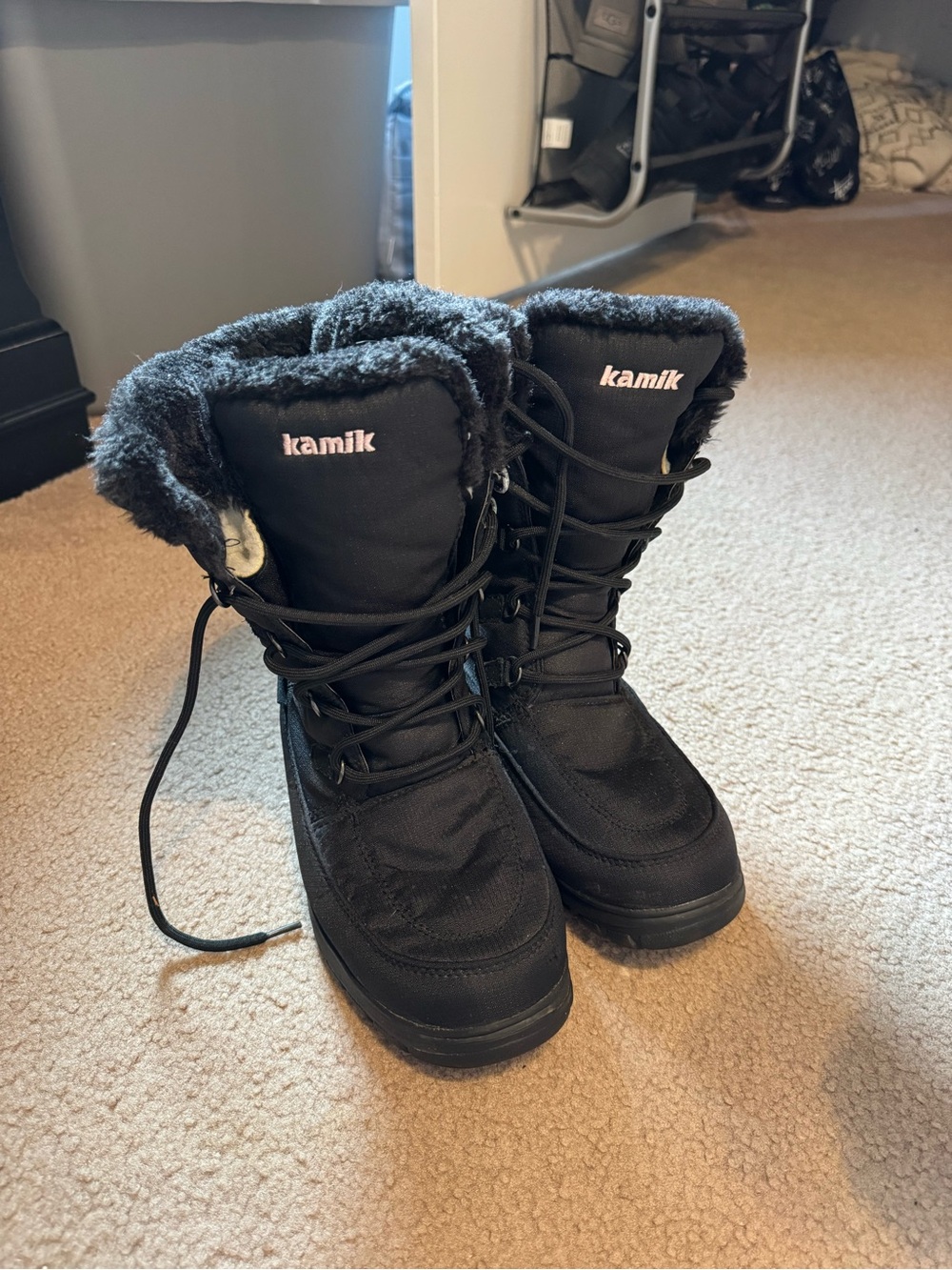 Kamik Black Lace-Up Winter Boots with Faux Fur Cuff